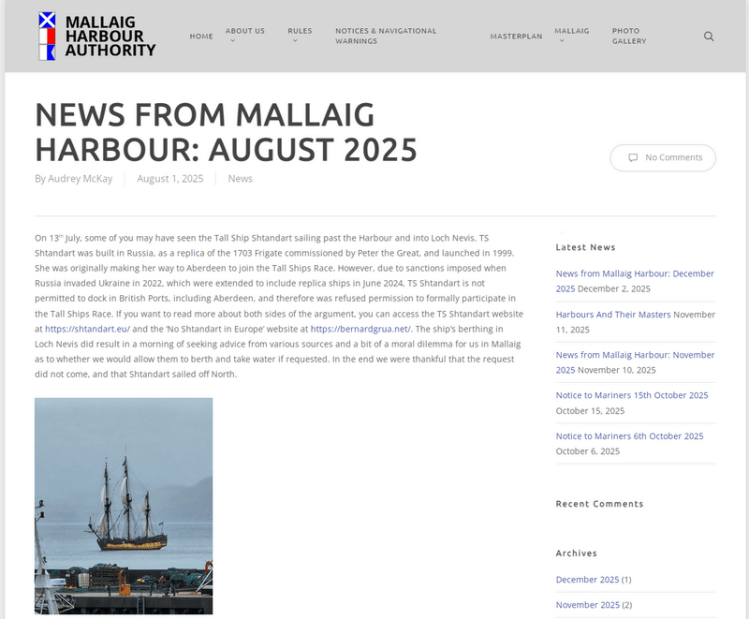 Shtandart : Mallaig Harbour Authority website
