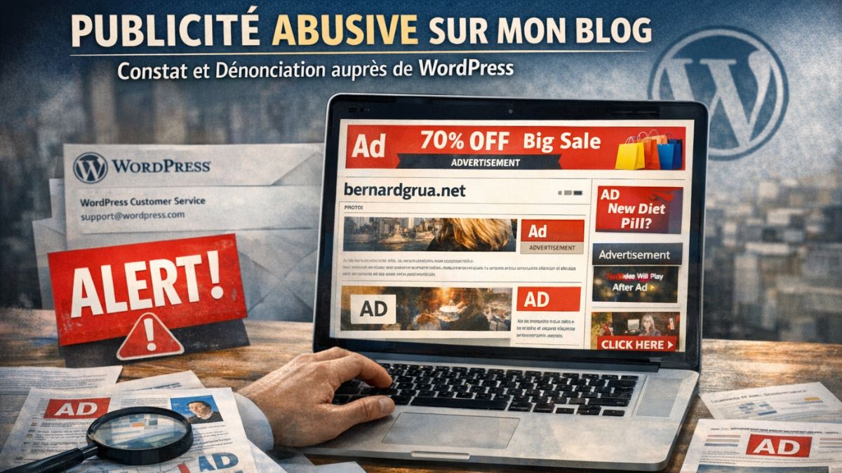 Le site bernardgrua.net, hébergé sur WordPress, subit une saturation publicitaire massive qui dégrade l’expérience de lecture et la valeur éditoriale de ses contenus.