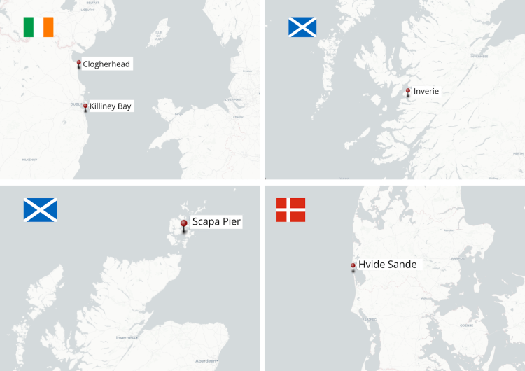 Maps of Shtandart port calls or attempted calls at Killiney Bay, Clogherhead, Scapa Pier, and Hvide Sande during the summer of 2025