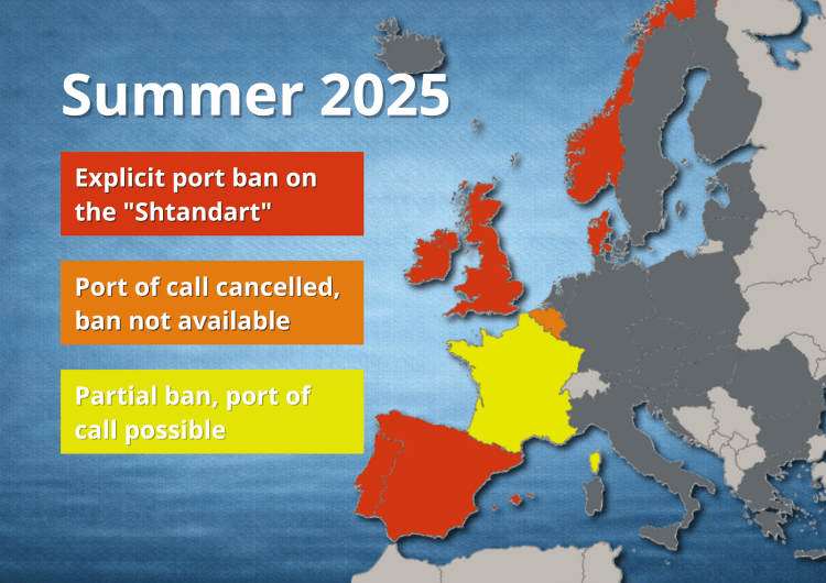 Map of European port bans on the Shtandart during the summer of 2025