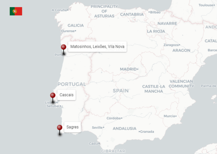 Map of Shtandart attempted port calls in Portugal in September 2025: Matosinhos, Vila Nova de Gaia, Leixões, Cascais, Sagres