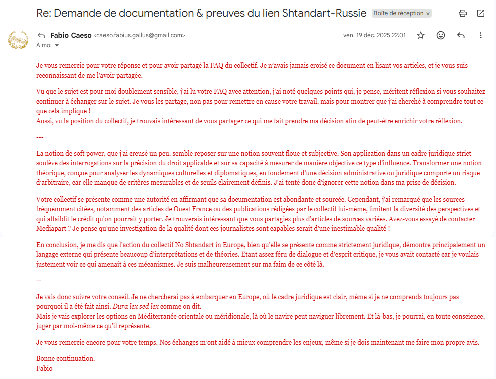 Shtandart : capture écran du troisième courrier reçu de "Fabio Caeso Gallus"