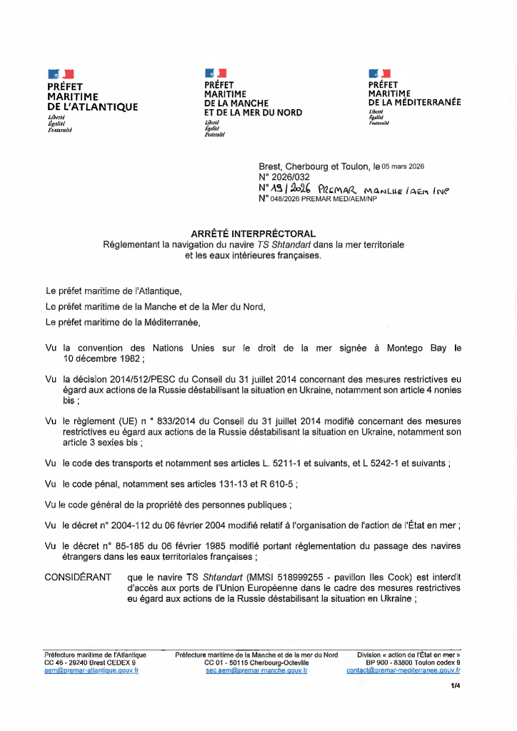 Arrêté préfectures maritimes croisière russe Kombat-Tour à bord du Shtandart 1