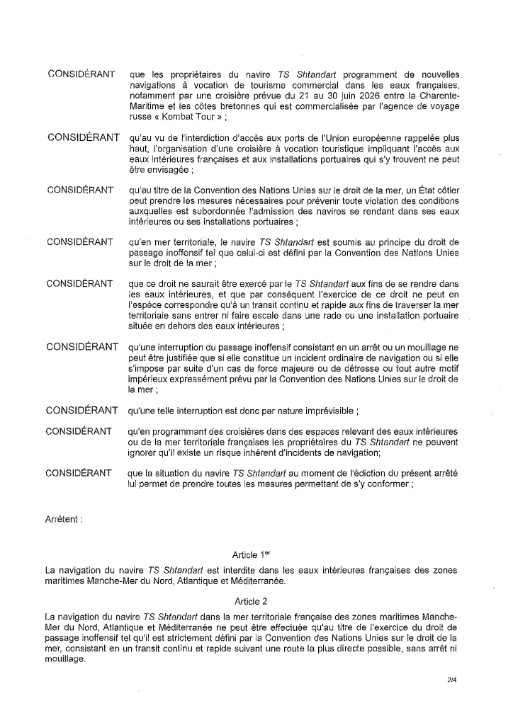 Arrêté préfectures maritimes croisière russe Kombat-Tour à bord du Shtandart 2