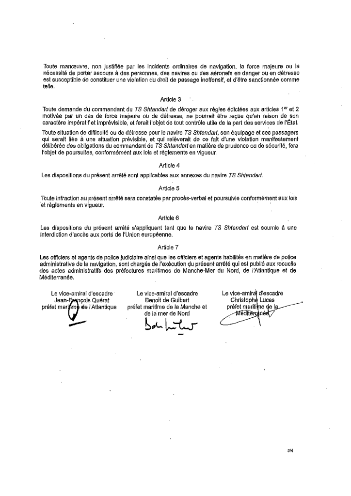 Arrêté préfectures maritimes croisière russe Kombat-Tour à bord du Shtandart 3