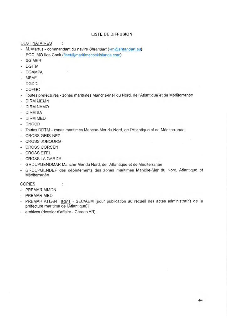 Arrêté préfectures maritimes croisière russe Kombat-Tour à bord du Shtandart 4