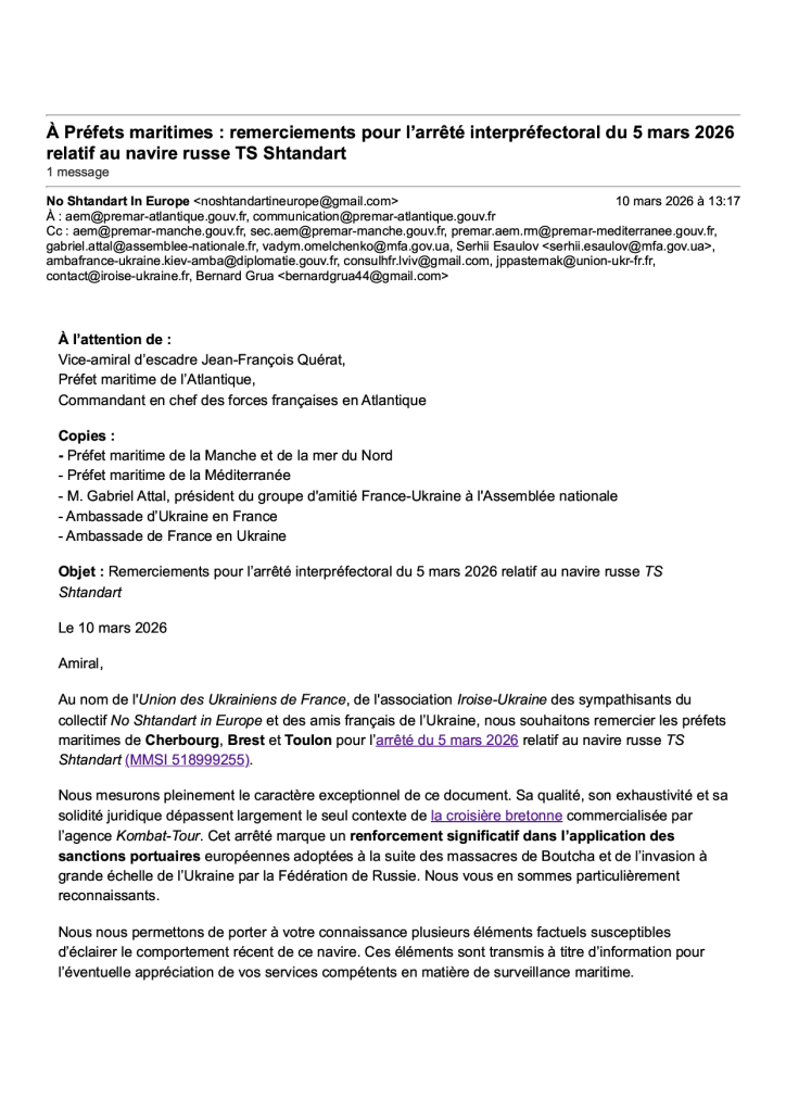Acknowledging the French Maritime Prefects for the 5 March 2026 Order on the Russian Vessel TS Shtandart  — Page 1
