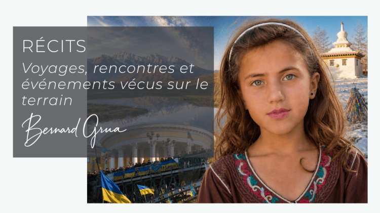 Photomontage de Bernard Grua réunissant portraits, paysages et événements vécus sur le terrain, de la Haute Asie à l’Ukraine.